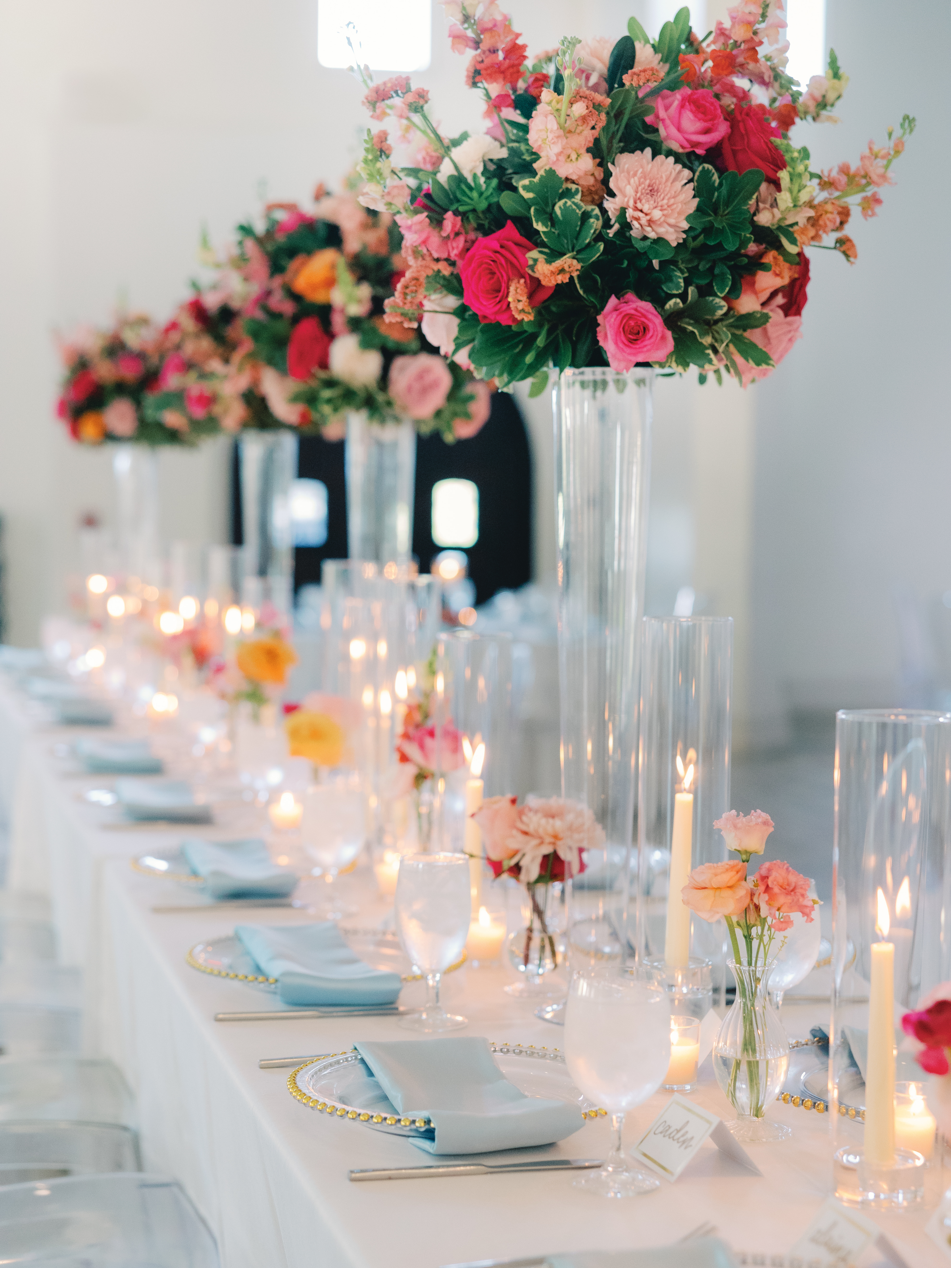 Knotting Hill Place Pink Blue Colorful Wedding Florals Tall Arrangements
