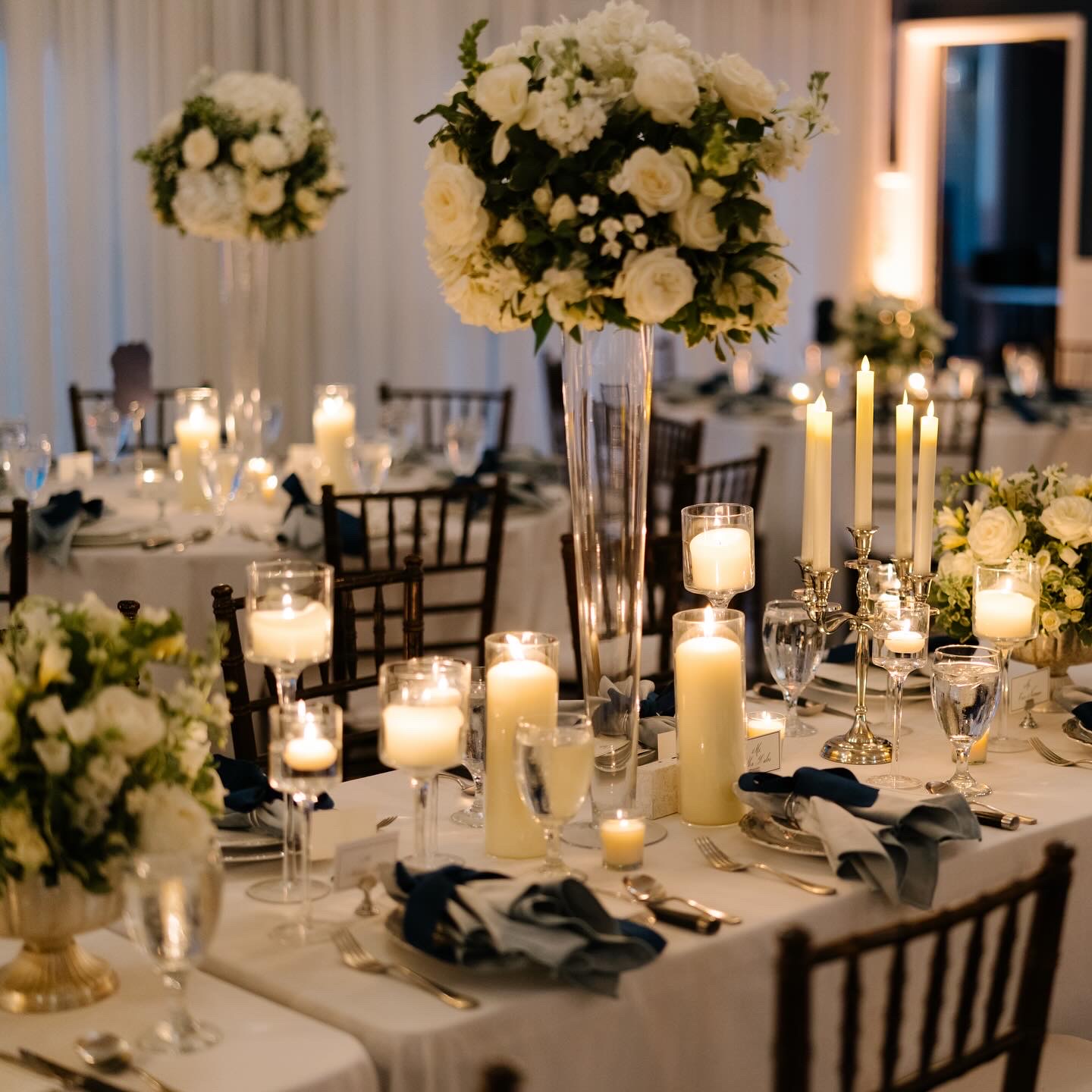 Austin Hotel Ella wedding reception white luscious florals silver candelabras